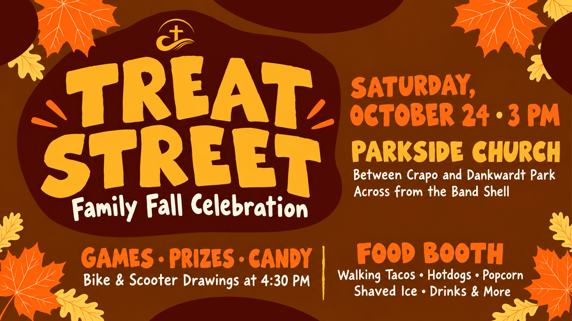 Treat Street family fall celebration at Parkside Church, October 24 at 3 PM; bike and scooter drawings at 4:30 PM.